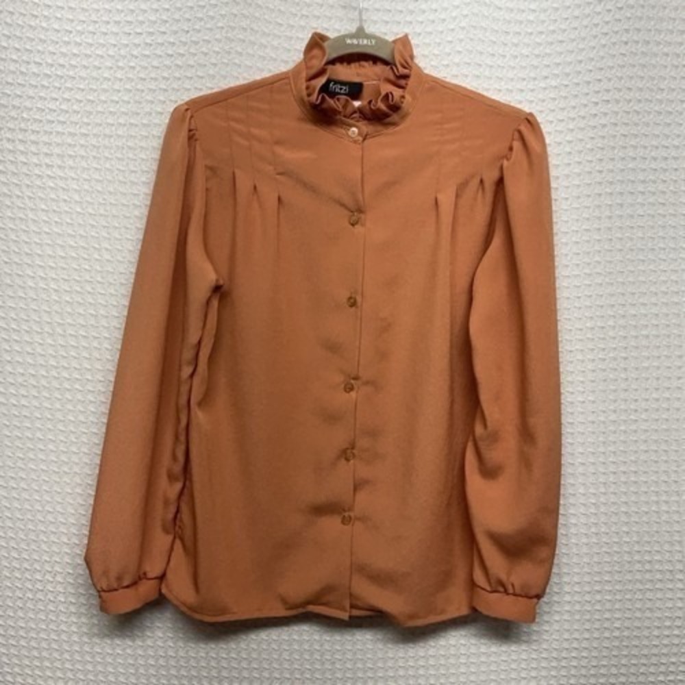 VTG Fritzi Burned Orange Secretary Tie Neck Pleats Blouse Women Large Polyester